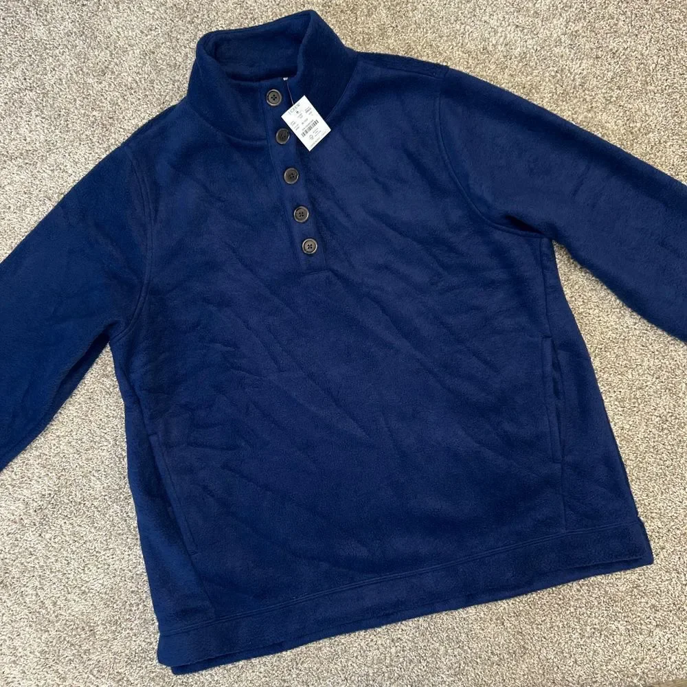 NEW‎ J.Crew 1/4 Button Fleece Pullover Men Size Large Blue Polyester SOFT